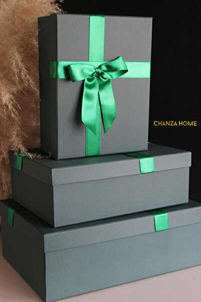 CHANZA HOME Yeşil 3'lü Takım Dikdörgen Kutu Kurdeleli Yeşil Sert Hediye Kutus...