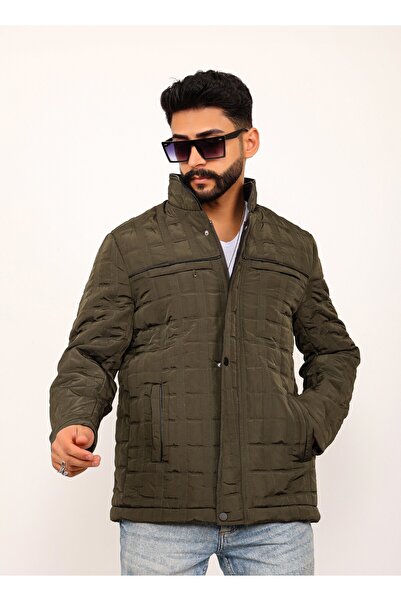 Gambocci Ανδρικό καπιτονέ παλτό χακί καρό κανονική εφαρμογή