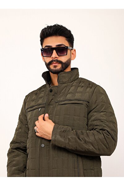 Gambocci Ανδρικό καπιτονέ παλτό χακί καρό κανονική εφαρμογή