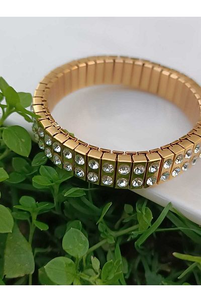Blotch Stylish and Modern Steel Double Striped Gold Color Bracelet with Zircon Stone