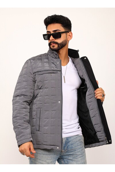 Gambocci Γκρι καρό ανδρικό παλτό με καπιτονέ παλτό κανονικής εφαρμογής