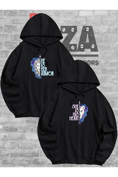 Joza Outdoors Femei Bărbați Hanorac cu glugă, unisex, cu imprimeu cu leu, cuplu iubit, design combinat, set de 2