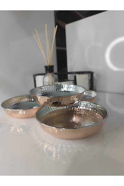 KAVELE Set of 2 Copper Snack Bowl, Breakfast, Plate, Pewtered Inside, Appetizer Plate