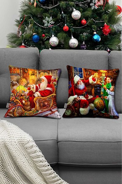 Hayal Dekoratif New Year Themed Santa Claus Pattern Red Yellow Digital Printed Decorative Ornament 2-Piece Throw Pillow Case