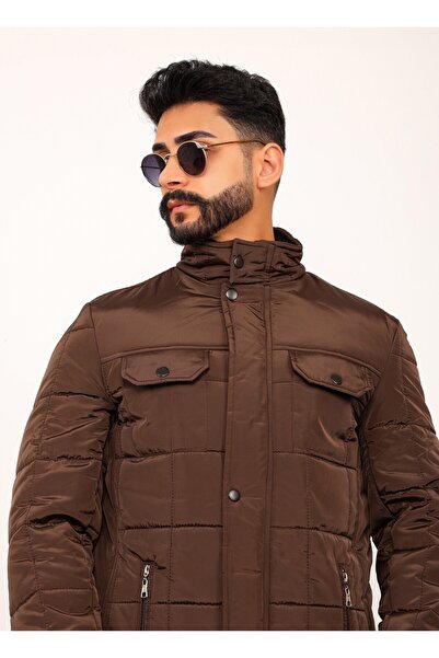 Gambocci Καφέ Μεγάλο Καρό Ανδρικό Παλτό Καπιτονέ Παλτό Regular Fit