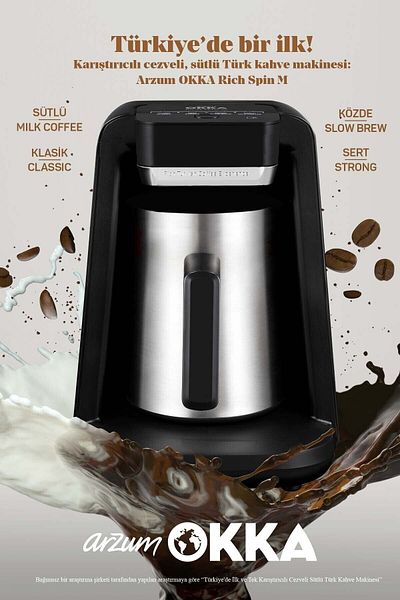 Arzum OK0012-K/OK0018-K Okka Rich Spin M Turkish Coffee Machine with Steel Coffee Pot and Milk - Chrome
