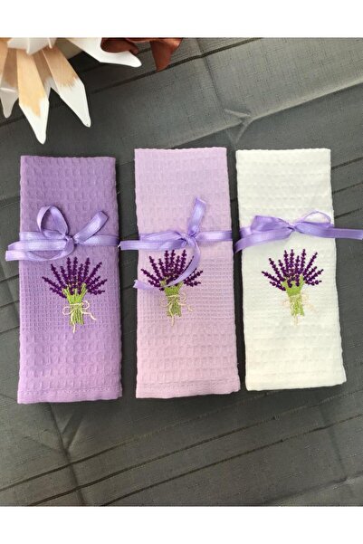 Meri Ev Gereçleri مجموعة مناشف تجفيف مطرزة باللافندر مكونة من 3 قطع