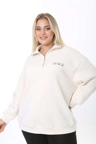 Avones 3 Thread Fleece Zippered High Collar Slogan Printed Sweatshirt Ecru