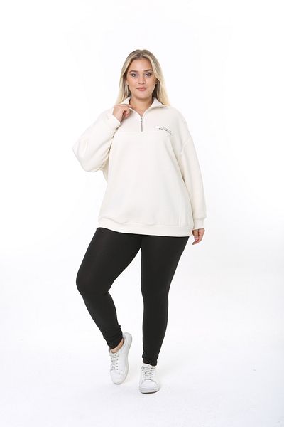 Avones 3 Thread Fleece Zippered High Collar Slogan Printed Sweatshirt Ecru