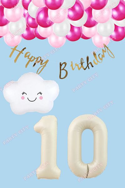 Party City 10 Year Old Cloud Themed Birthday Set Cream Number Balloon Concept
