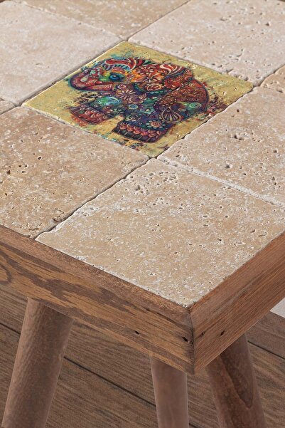 Resmo Traverten Taş Süslü Fil Baskılı Ceviz Sehpa 32x32cm Doğal Ağaç Yan Sehpa Dekoratif Mobilya
