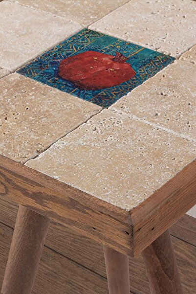 Resmo Traverten Taş Nar Baskılı Ceviz Sehpa 32x32cm Doğal Ağaç Yan Sehpa Deko...