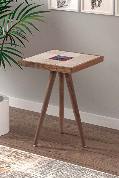 Resmo Traverten Taş Kırmızı Fil Baskılı Ceviz Sehpa 32x32cm Doğal Ağaç Yan Se...