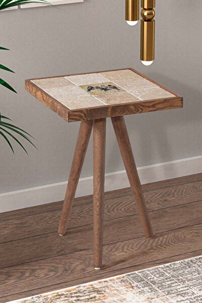 Resmo Traverten Taş Birds Baskılı Baskılı Ceviz Sehpa 32x32cm Doğal Ağaç Yan Sehpa Dekoratif Mobilya