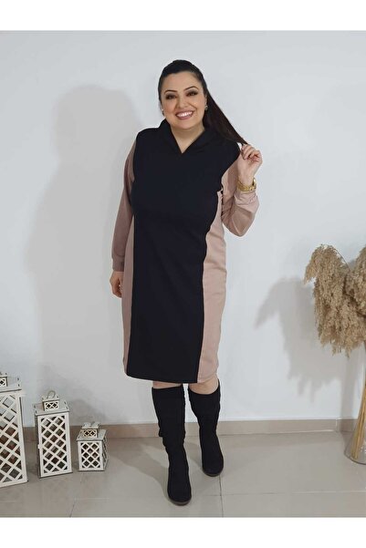 BİrHoşButik PLUS SIZE LYCRA HOODED SPORTS SLEEVE BELTED SEASONAL MIDI LENGTH SOFT ROSE AND BLACK DRESS