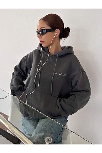 Keywest Unisex Büyük Beden Taş Gri Yıldız Baskılı Kapüşonlu Oversize Sweatshirt Hoodie