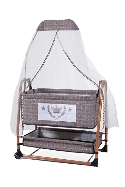 TURHAN BEBE Keten Kumaş Portatif Tekerlekli Anne Yanı Cibinlikli Hamak Beşik