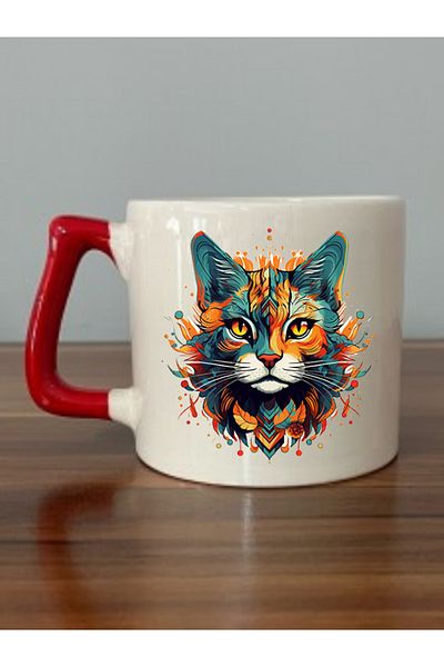 lili hediyelik Cat Printed Red Handle Mug - Ceramic Tea, Coffee Gift Cup Teacher's Day Gift