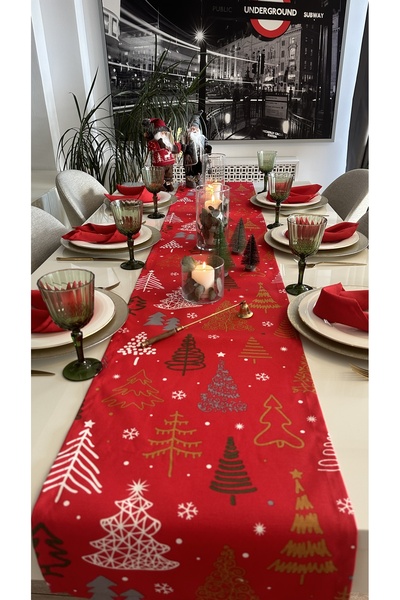 Decamor home Red Long Runner - New Year Tree Themed Christmas Table