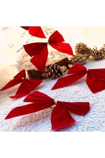 Deniz Party Store New Year's Eve 4-Piece Velvet Bow New Year Tree Ornament Red Color Gold String Pine Tree Ornament 8 CM X 9 CM