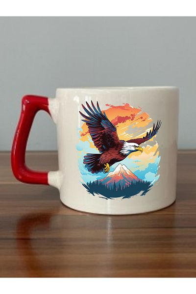 lili hediyelik Eagle Printed Red Handled Mug Cup - Ceramic Tea, Coffee Gift Cup