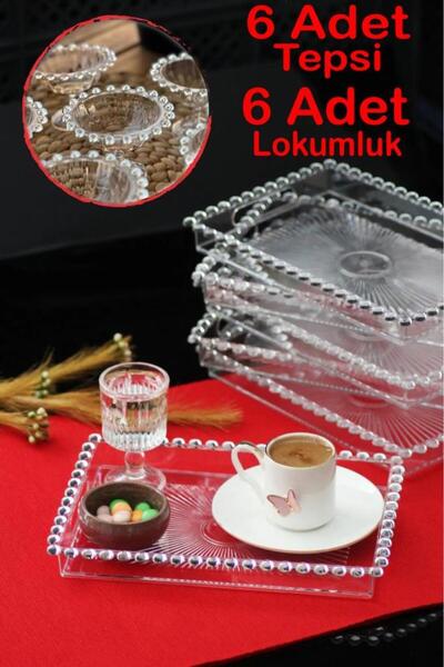 Tiesa Home 12 Parça Dikdörtgen Mika Şeffaf Tepsili Lokumluklu Kahve Yanı Sunum Seti