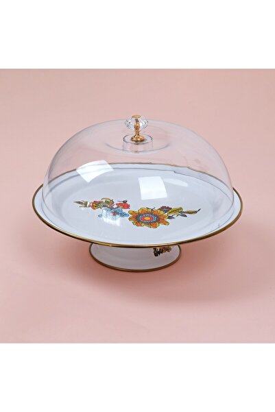 Glore Lorena Beyaz Emaye Ayaklı Kek Fanusu