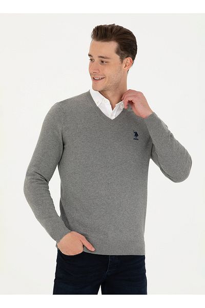 U.S. Polo Assn. BASE. Polo Assn. V-Neck Slim Fit Gray Melange Men's Sweater GTD02-GLBSK23
