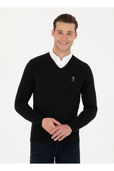 U.S. Polo Assn. БАЗА. Polo Assn. Черен мъжки пуловер с V-образно деколте GTD02-GLBSK23