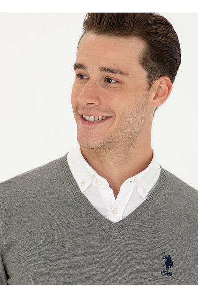 U.S. Polo Assn. BASE. Polo Assn. V-Neck Slim Fit Gray Melange Men's Sweater GTD02-GLBSK23