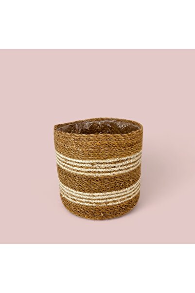 ELZEY HOME Hasır Yuvarlak İçi Naylonlu Saksı Sepeti M 18x16 Cm