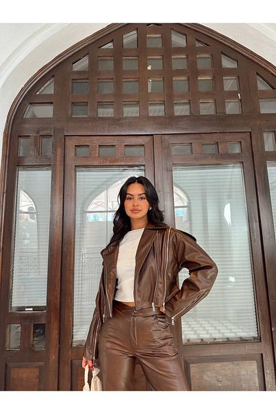 MYA Women's Distressed Leather Look Jacket & Trousers Double Set | Vintage Double Suit