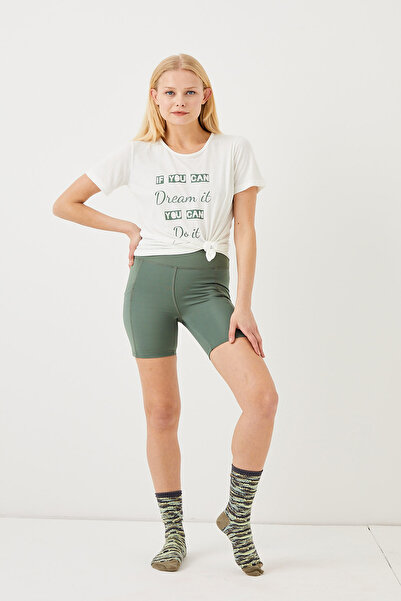 ENNA MODA Cepli Dikişsiz (seamless) Activewear Cepli Sport Şort Ve Yoga & Pilates Kombin Slogan T-shirt Seti