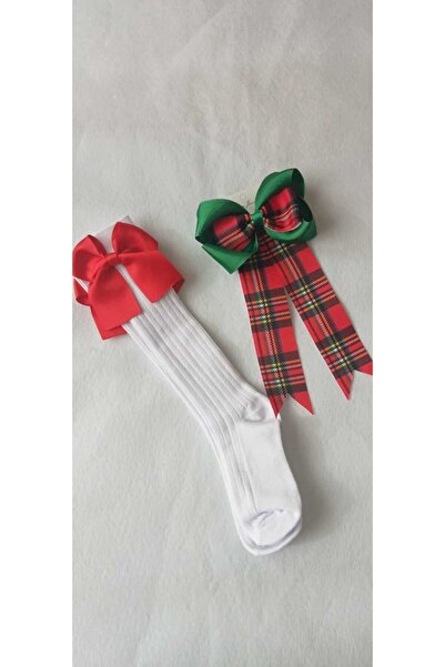 Sare Çocuk Giyim White with Red Bow Socks and Plaid Buckle Set