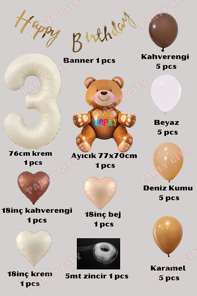 Party City 3 Year Old Birthday Set Cream Number Foil, Calligraphy Banner, Heart Foil Balloon