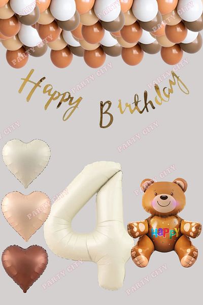 Party City Σετ γενεθλίων 4 ετών Κρέμα φύλλο αριθμών, πανό καλλιγραφίας, μπαλόνι με φύλλο καρδιάς