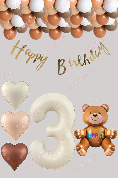 Party City 3 Year Old Birthday Set Cream Number Foil, Calligraphy Banner, Heart Foil Balloon