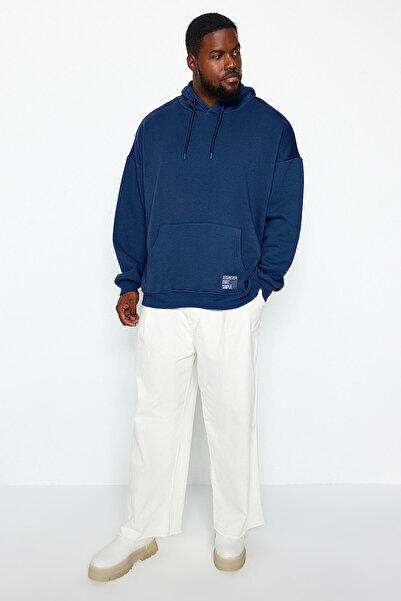 Trendyol Collection Nagy méretű indigó kapucnis polár pulóver - TMNAW24AO00000