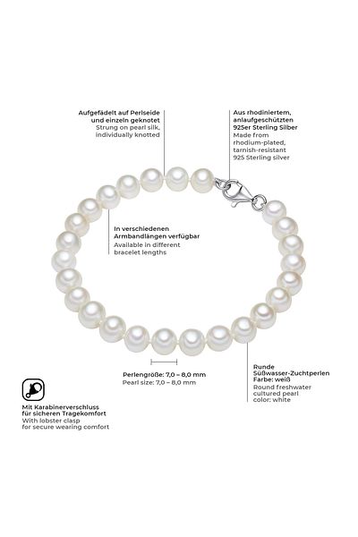 Valero Pearls Perlenarmband Armband Sterling Silber Süßwasser-Zuchtperle weiß