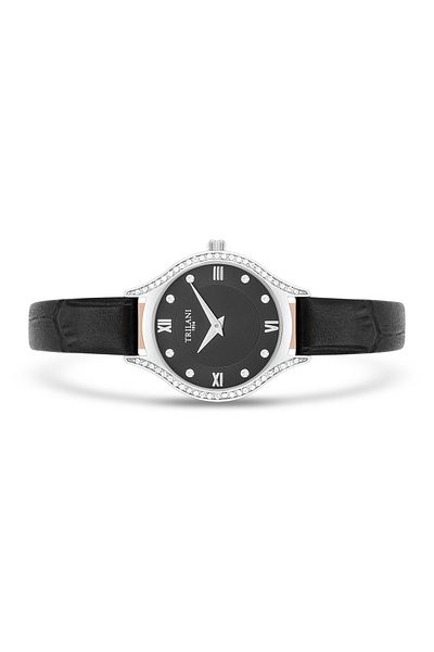 Trilani Quarzuhr Damen Quarzuhr silber Echtleder schwarz