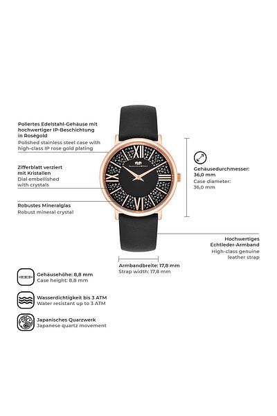 Rhodenwald & Söhne Quarzuhr Damen Quarzuhr roségold Echtleder schwarz