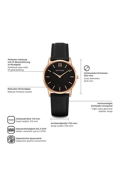 eastside Quarzuhr Damen Quarzuhr roségold Echtleder schwarz