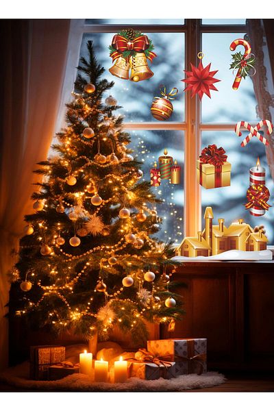 MAARS 9 Pieces Christmas Sticker Set with Bells, Candles, Candy Glass Wall Ornament, Christmas Decoration