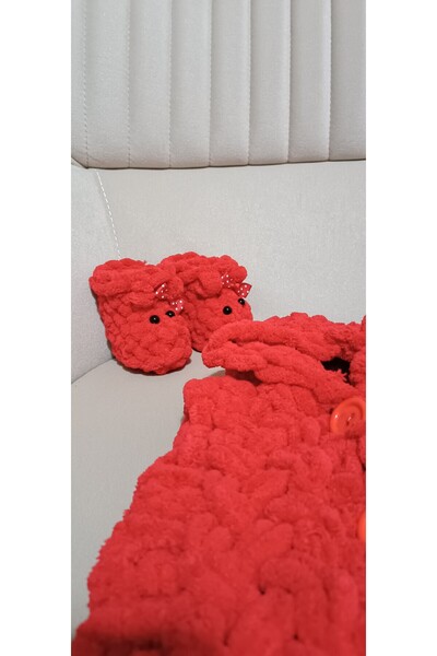 Moda Biçer Soft Hand Knitted 100% Organic Antiallergenic Hooded Baby Vest & Booties with Teddy Bear