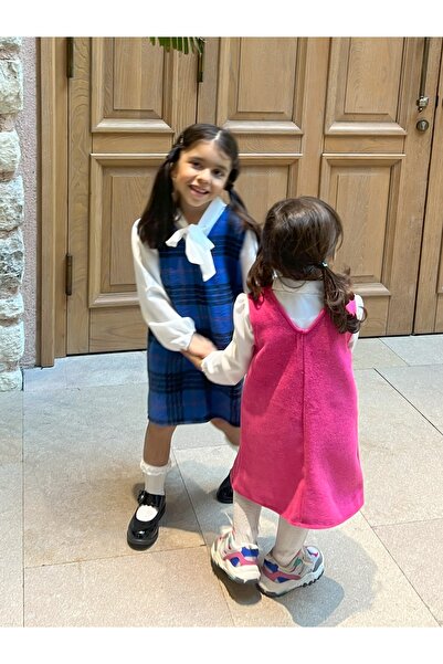 KÜÇÜĞÜM BUTİK Ροζ ραμμένο κοριτσίστικο χειμωνιάτικο φόρεμα με λαιμόκοψη