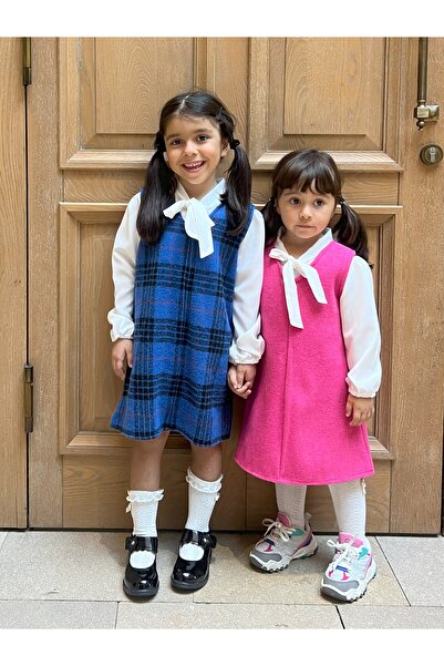 KÜÇÜĞÜM BUTİK Ροζ ραμμένο κοριτσίστικο χειμωνιάτικο φόρεμα με λαιμόκοψη