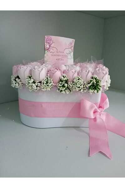 StoneGiftDesign ÖĞRETMENLER GÜNÜ ÖZEL TASARIM KALP SAKSIDA PEMBE GÜLLER KOKULU TAŞ ÇİÇEK ARANJMANI