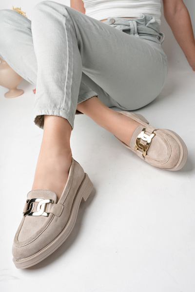 GNS Shoes Hakiki Süet Deri Tokalı Krem Kadın Ayakkabısı Loafer