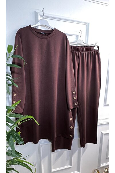 Aşkı Endam Set de bumbac pieptănat cu două fire Helen Button de mărime mare - maro