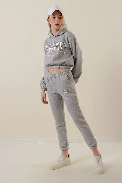 hazelin Γυναικεία γκρι κουκούλα με στάμπα Fleece Tops Crop Inside Σετ αθλητικής φόρμας HZL23W-BD 1553971
